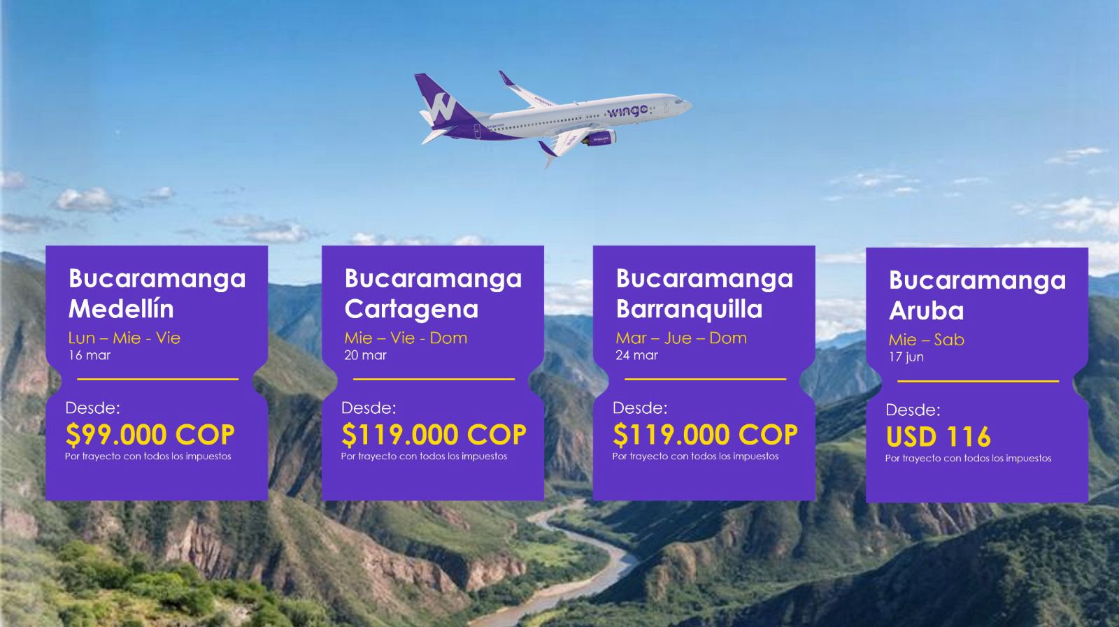 Wingo anuncia 3 nuevas rutas domésticas y una internacional hacia Aruba